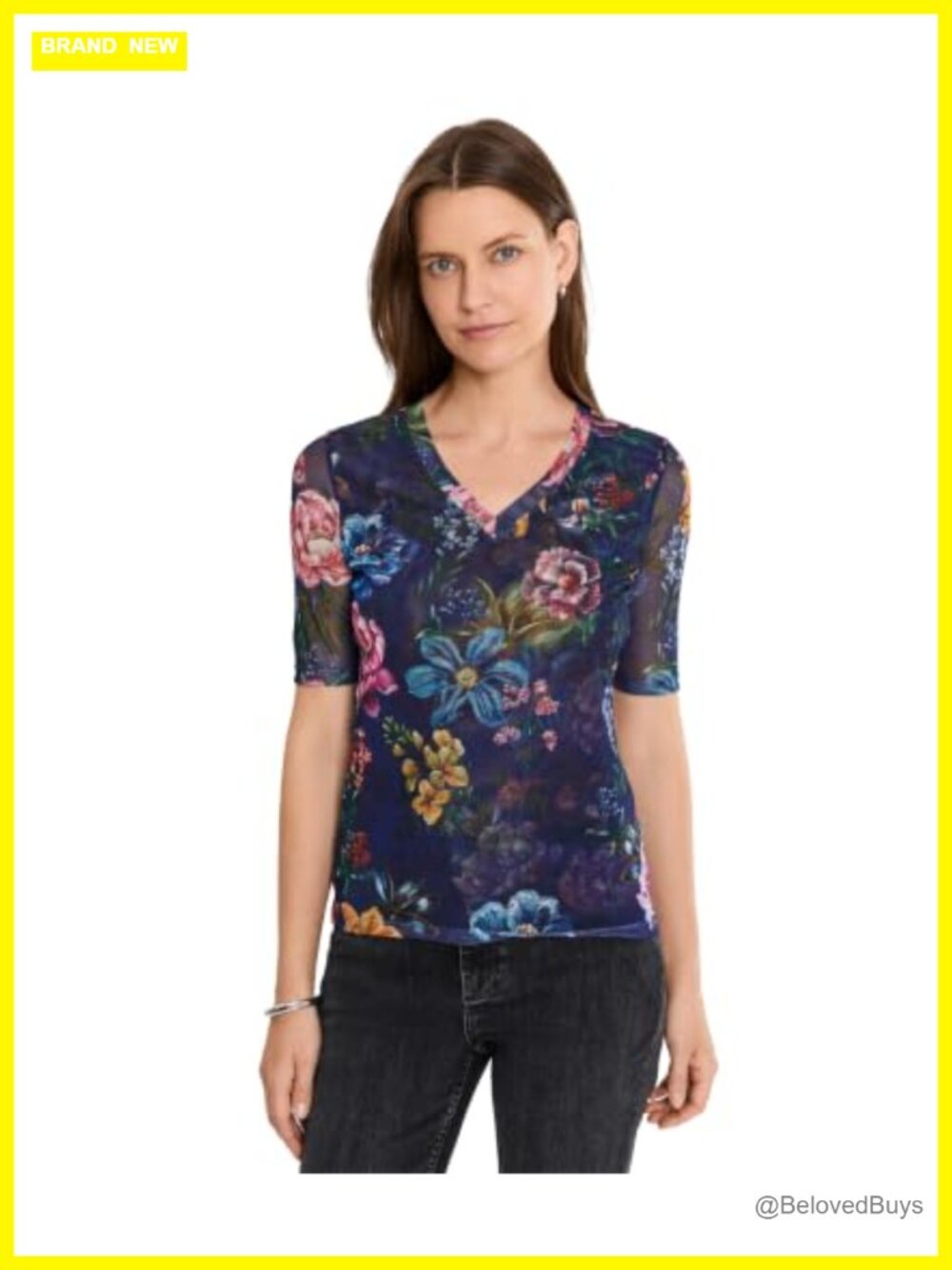 Johnny Was V-Neck Elbow Sleeve Mesh Top Sheer Floral Blouse